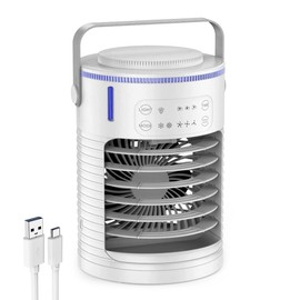 Kresico Small Air Cooler, Mini Air Conditioner with 2 Modes, Refillable Water Tank, 3 Type Timer, 3 Wind Speeds, White