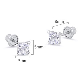 925 Sterling Silver Rhodium Plated 5mm Princess Cut Cubic Zirconia Stud Screwback Baby Girls Earrings