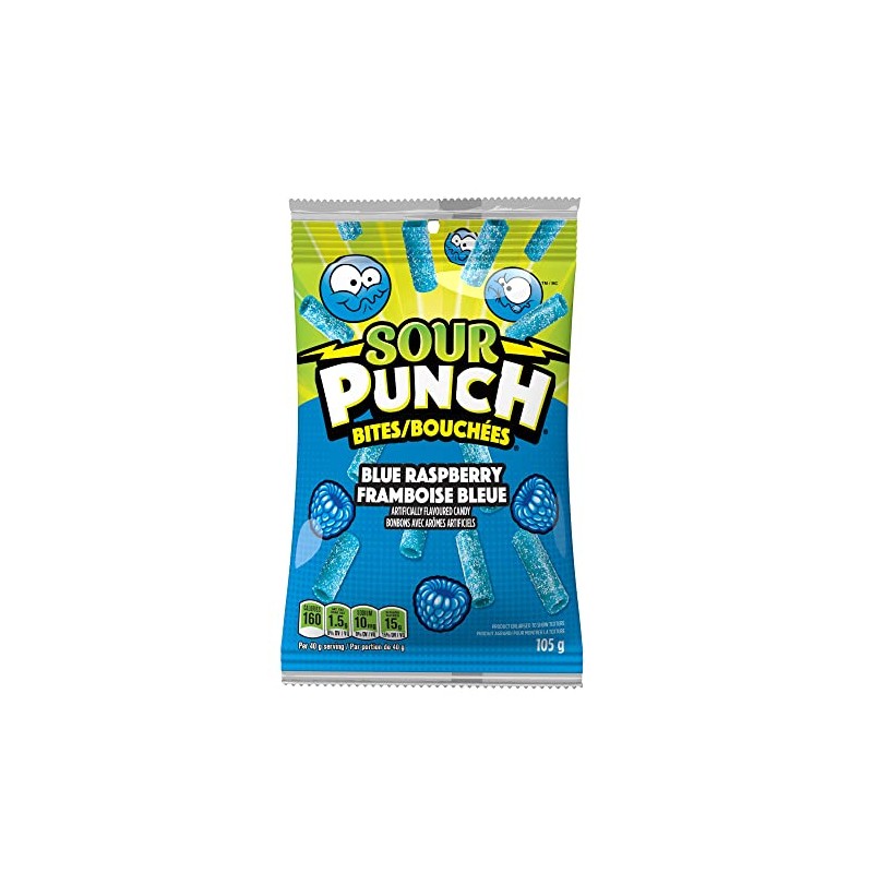 Sour Punch Blue Raspberry Bites Chewy Candy, 105g Hanging Bag