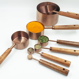 Muchtolove Measuring Cups and Spoons Set of 8, Stainless Steel Measuring Cup with Wooden Handle, Kitchen/Food/Liquid/Baking (Copper)