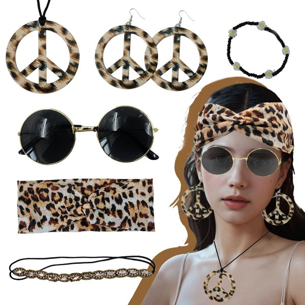 MEFINESHOW 7PCS 60s 70s Hippie Costume Accessories Set include Sunglasses