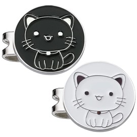 Adhere Golf Ball Markers Unique Cute cat Enamel Ball Markers with A Magnetic Hat Clips 2sets (White+Black)