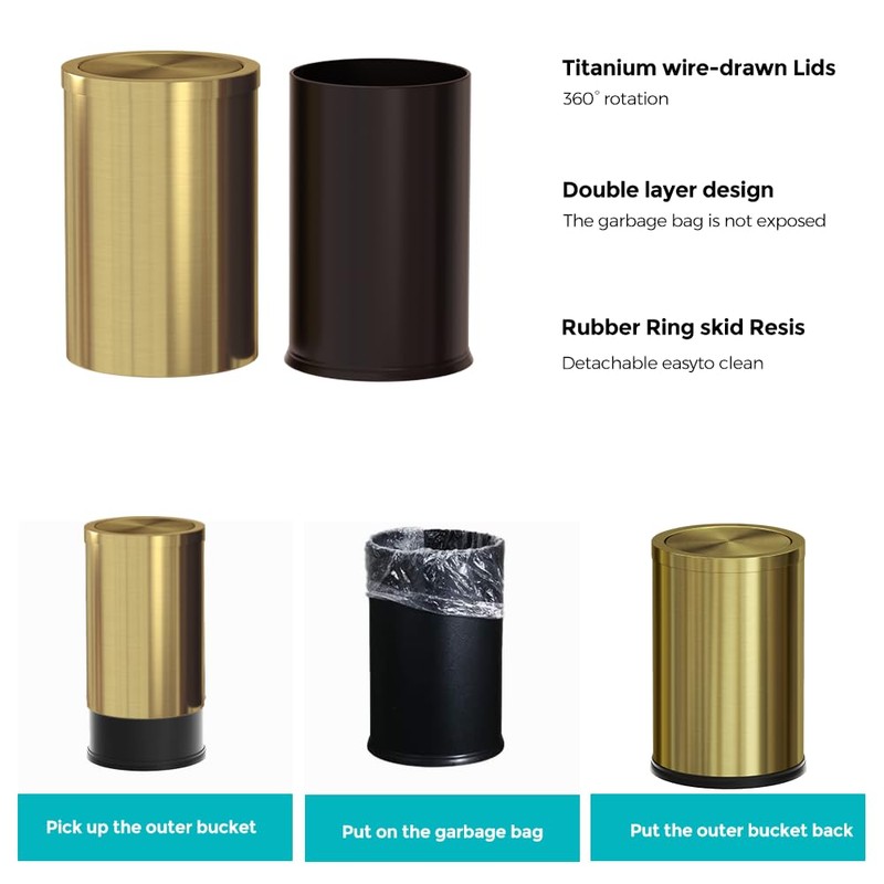 YOJIA Stainless Steel Gold Bathroom Trash Can with Lid, 9L/2.4Gallon