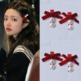 VIISEN Hair Clip, Pearl Hairpin Set of 4, Hair Clip, Hair Ornament, Bangs, Hair Ornament, Combination of Pearls, Velvet Hair Accessory, Cute, Stylish, Women's, Everyday Use, Party (Red)