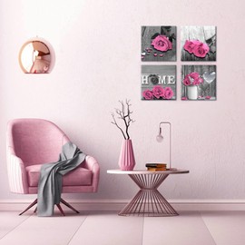 Pink Rose Bathroom Wal Art Pink Flower Wall Decoron Black And White Canvas Wall Decoration Framed For Bathroom Artwork 14x14 Inch