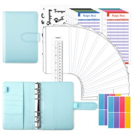 TOYESS 30Pcs Budget Binder Set for Money Saving Wallet, A6 Leather Money Binder with 12 Cash Envelopes, 12 Budget Sheets, Ring Binder Money Organiser for Budget Planner, Macaron Light Blue