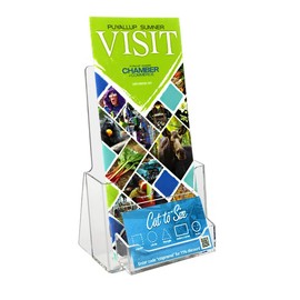 SOURCEONE.ORG Acrylic Deluxe 4 Inch Wide Trifold Brochure Holder with Buisness Card Holder Counter Top or Wall Mount Use