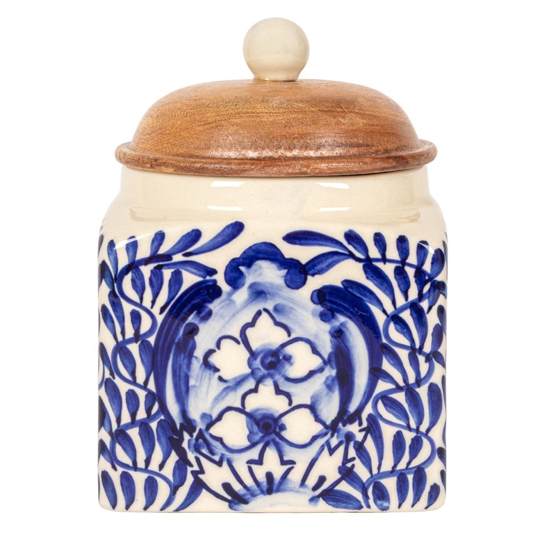 Creative Co-Op Stoneware Canister with Design, Lid and Spoon, Cream,