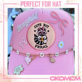 OKOMCM Cute But Feral 3'' Iron On Embroidered Patch, Raccoon Bow DIY Sew On Patch, Cute Racoon Embroidered Patches for Clothes Backpacks Hats Denim, Girly Patches, Funny Gift for Him Her Friend