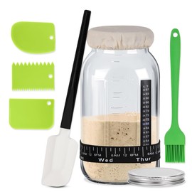 50oz Large Sourdough Starter Jar Glass Kit Wide Mouth with Silicone Spatula & 3 Dough Scraper, Aluminum Lid, Cloth Cover, Date Marked Band, Thermometer