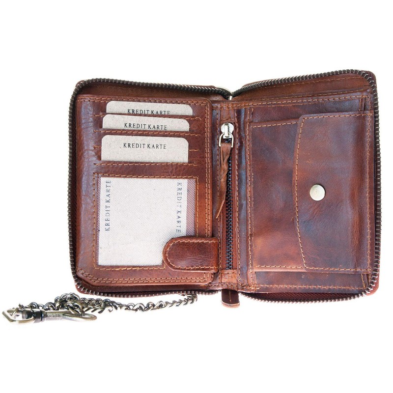 Glazed Genuine Leather Biker's Leather Wallet with Metal Chain