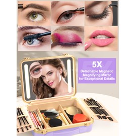 Kalolary Travel Makeup Train Cases with Lighted Mirror 3 Color Setting, Makeup Bag Cosmetic Case Organizer Adjustable Brightness Portable Makeup Storage Box with Detachable 5X Magnifying Mirror Purple