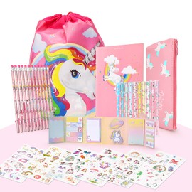 Maomaoyu Unicorn Gift Set for Girls and Boys with 12 Unicorn Pencils and 1 Pencil Case, Beautiful Cartoon Notebook, Aesthetic Stickers and Cute Sticky Notes, Pink