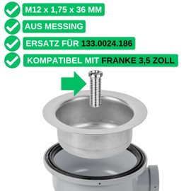 Hollow Screw for Strainer Basket Valve, M12 x 1.75 x 36 mm, Pack of 2, Compatible with Franke 3.5 Inch Waste Replacement for Item 133.0024.186, Brass, Standard Thread, Screw Sink Valve Drain