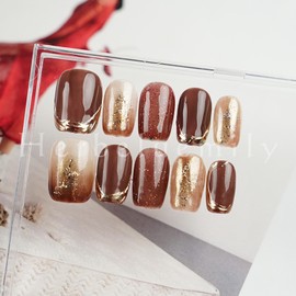 Herbeluemily Nail Tip, Short, Handmade, Storage Case, Set of 10, Gel Nail Style, Red, B (Red x Gold), S