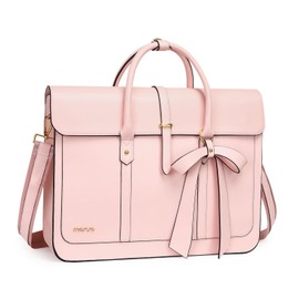 MOSISO Laptop Bag for Women, 13-14 inch PU Leather Laptop Shoulder Bag Convertible Backpack, 13.3 inch Messenger Bag Casual Handbag Work Briefcase Travel Computer Bag with Bowknot, Pink