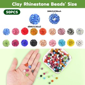 Clay Rhinestone Beads for Crafting, 10MM Red Round Shamballa Disco Ball Beads for Pens Making, Sparkle Crystal Clay Bead for Jewelry Necklace Bracelet Earring Making 50Pcs