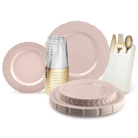 " OCCASIONS " 200pcs set (25 Guests)-Extra Heavyweight Vintage Wedding Disposable/Reusable Plastic Plates (25 x 11'' + 25 x 8.25'')+ Silverware + Cups + Napkins (Chateau in Pink Blush)