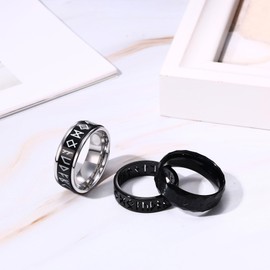 Flongo 3 Stücke Runenringe Set Fidget Ring 8mm Edelstahl drehbar Spinner Bandring Anti Angst Ringe mit Gravur Punk Wikinger Zappelring für Damen Herren Fingerring zu Geburtstag schwarz