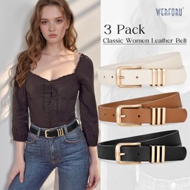 WERFORU 3 Pack Women Leather Belt with Square Gold Buckle for Jeans Dress