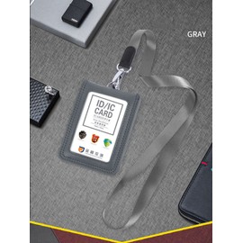Porta Gafete con Cordón,Tarjetero de Cuero Genuino,Soporte para Tarjetas de Identificación con Ventana Vertical Transparentepara el Cuello para Oficina, Negocios, Trabajo (Gris)