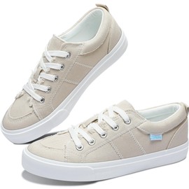 Obtaom Women Tan Canvas Fashion Sneakers Cute Lace up Canvas Shoes Low Top Washed Canvas Flat for Lady(Beige,US6)