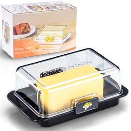 DTFRLD Airtight Large Butter Dish with Lid for Countertop and Refrigerator Shelf,mantequillera con tapa BPA-free,Plastic butter box Tray for 2 Sticks East /West Coast/European Style (Black, Large)