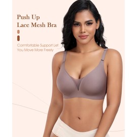 Bras for Women Mesh V Neck No Underwire Soft Wireless Bra Everyday with Lift Push Up Seamless Bralettes for Women with Bra Extender(Grey,Medium)