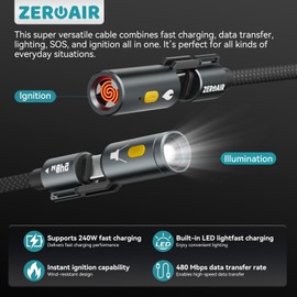 ZEROAIR PowerSpark 4-in-1 Charging Cable 240W Fast Charging & 480Mbps Data Transfer, LED Light & Ignition Features, Outdoor & Emergency Ready, 5ft Nylon Material