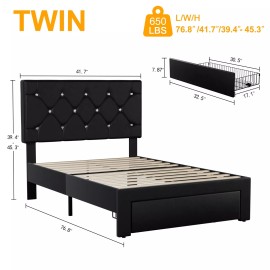 VECELO Twin Full Queen Size Bed Frame w/Storage Drawers Leather Upholstered Headboard - Black, Twin Size + 1 Drawer