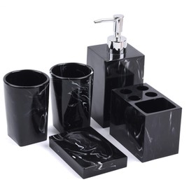 5-Piece Bathroom Counter Top Accessory Set - Dispenser for Liquid Soap or Lotion, Soap Dish, Toothbrush Holder and 2 Tumblers, Marble Pattern Resin (Ink Black)