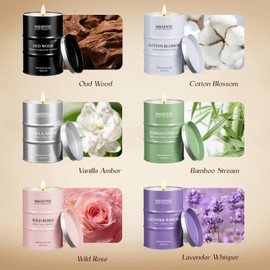 M&SENSE 6 Pack Candles for Home Scented Candle,Oud Wood,Cotton Blossom,Vanilla Amber,Bamboo Stream,Wild Rose,Lavender Whisper Candle,Gift Set for Women and Men,Soy Wax Long Lasting Amber Jar Candles