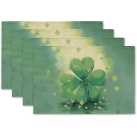 GPGHE St Patricks Day Placemats Set of 4 Green Watercolor Shamrock Clover Table Mats 12 x 18 Inch Seasonal Spring Tablemats for Home Kitchen Dining Table Decor