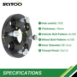 SCITOO 4Pcs 4x100 Wheel Spacers hubcentric Studs 12x1.5 Bore 56.1mm Black 4 lug Wheel adapters 15mm fits for 2010-2018 for City 1988-2005 for Civic Wheel Spacers