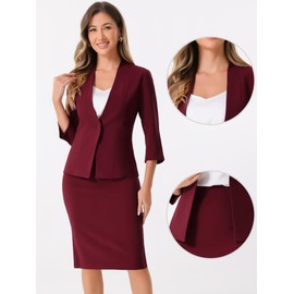 Allegra K Business Skirt Suit Set for Women's 2 Piece Office Work Outfit Collarless Blazer Pencil Skirt Dark Red M