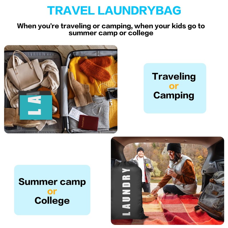 2 Pcs Large Laundry Bags, Travel Laundry Bags with Drawstring,
