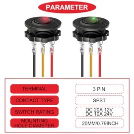 MKBKLLJY MKBKLLJY 2Pcs Round Rocker Switch Red/Green LED DC 20A 12V/10A 24V 3Pin Wired LED Light Power On Off Switch SPST Lighted Toggle Switch with Locked Terminal Wires for Car Truck RV Vehicle Marine Yacht