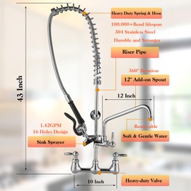 43" Height Commercial Faucet with Sprayer, 8 Inch Center, Wall Mount Kitchen Sink Faucet for 3 Compartment Sink, Restaurant Commercial Sink Faucet with 44'' Hose, 12'' Spout, Industrial, Brass