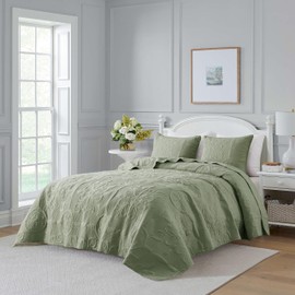 B2EVER Damask Quilt Queen Size Bedding Sets with Pillow Shams, Boho Lightweight Bedspread Coverlet, Green Quilted Blanket Thin Comforter Bed Cover for All Season Spring Summer, 3 Pieces, 90x90 inches