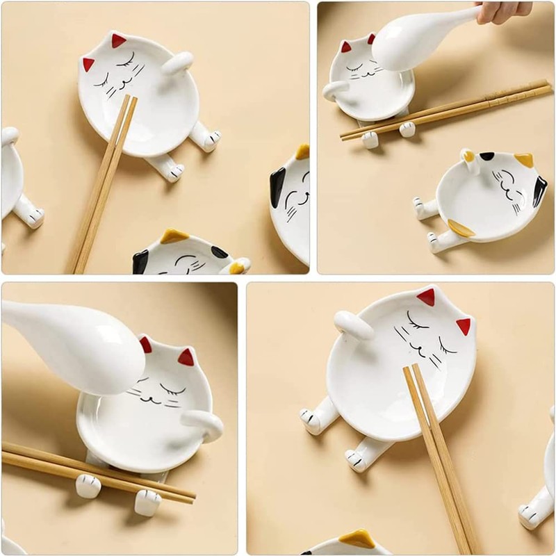 Ceramic Cat Spoon Rest for Kitchen Counter, Multifunctional Chopsticks Spoon