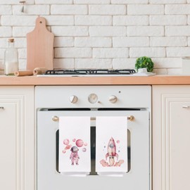 Space Bathroom Decor, Pink Space Kids Hand Towels Set of 2, Space Nursery Decor Bathroom Hand Towels, Pink Astronaut Rocket Decorative Hand Towels for Kids Bathroom, Girls Bathroom Decor, 16x24 Inches