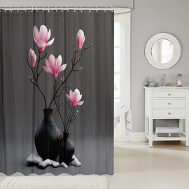 Homemissing Kids Zen Spa Shower Curtain 180x180cm Pink Floral Flower Pattern Bathroom Shower Curtain Set for Boys Girls Zen Basalt Stones Bath Curtain Yoga Meditation Design Bathroom Accessories