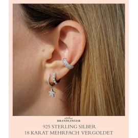Brandlinger® Atelier Earrings with Moon and Star Pendants, Made of Gold-Plated 925 Sterling Silver for Women and Girls Diameter of the hoop earrings: 12 mm., Silver Gold, Silver (zirconia).