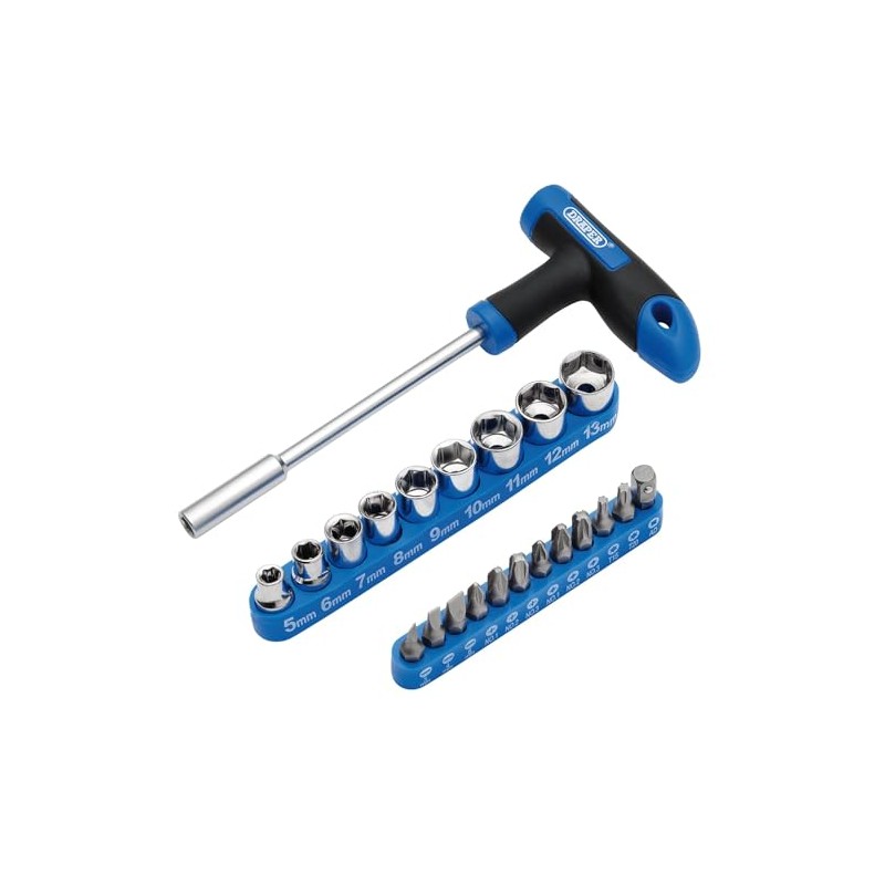 Draper 21011 T-Handle Screwdriver, Socket and Bit Set, 1/4" Sq.