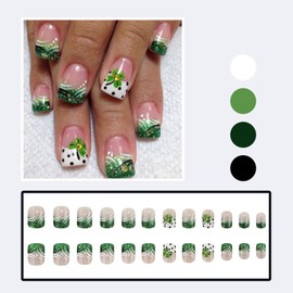 LBPEPAMZ 24Pcs St. Patrick's Day Press on Nails Short Square Fake Nails Shamrock with Yellow Rhinestones Designs False Nails White Green Glitter French Tips False Stick on Nails for Women Daily Wear