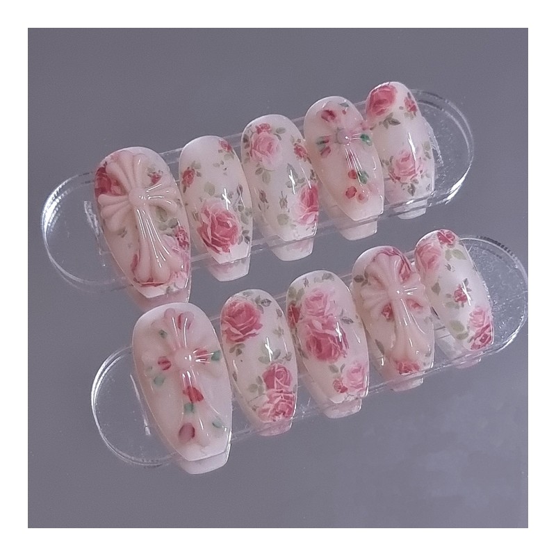 Rose Garden Chrome Handmade Nail Tips - Short Ballerina /