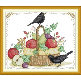 CROSSDECOR Stamped Cross Stitch Kits for Beginners- Full Set of The Fruit Basket and The Crow blossom Embroidery for Adults,11 CT 3 Strands DIY Patterns Counted Arts Craft 17.7×15.3 inch