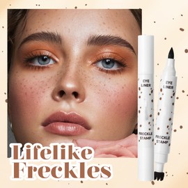 Easilydays Freckle Stamp Pen with Eyeliner, 5-Point Quick Dry, Waterproof Natural Lifelike Faux Freckle 2 in 1 Fake Freckles Stain Marker Pen for Long Wear Sunkiss Makeup (#02 Brown)