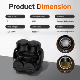 Joinfworld 2 Port Insulated Multi Tap Connector 3/0-6 Gauge Wire Connectors Aluminum to Copper Wire Connectors Single Side Entry Electrical Cable Connectors UL Listed with Slotted Allen Hex - 6 Pack