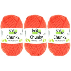Knitca 100% Chunky Pure Wool Yarn- Bulky Weight - 3 Pack (3 x 3.5 oz / 100 g balls, 65 yds) - For Knitting, Crochet And Weaving (Carrot Orange)